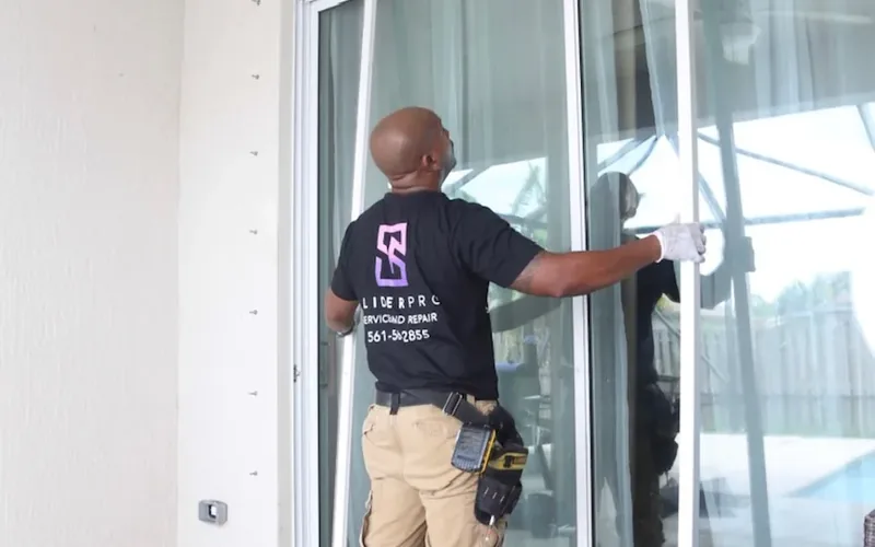 Technician checking sliding door latch and keeper alignment